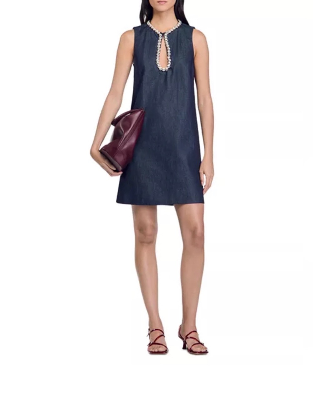 Sandro Twiggy Denim Rhinestone Keyhole Mini Dress FR 38 US 6